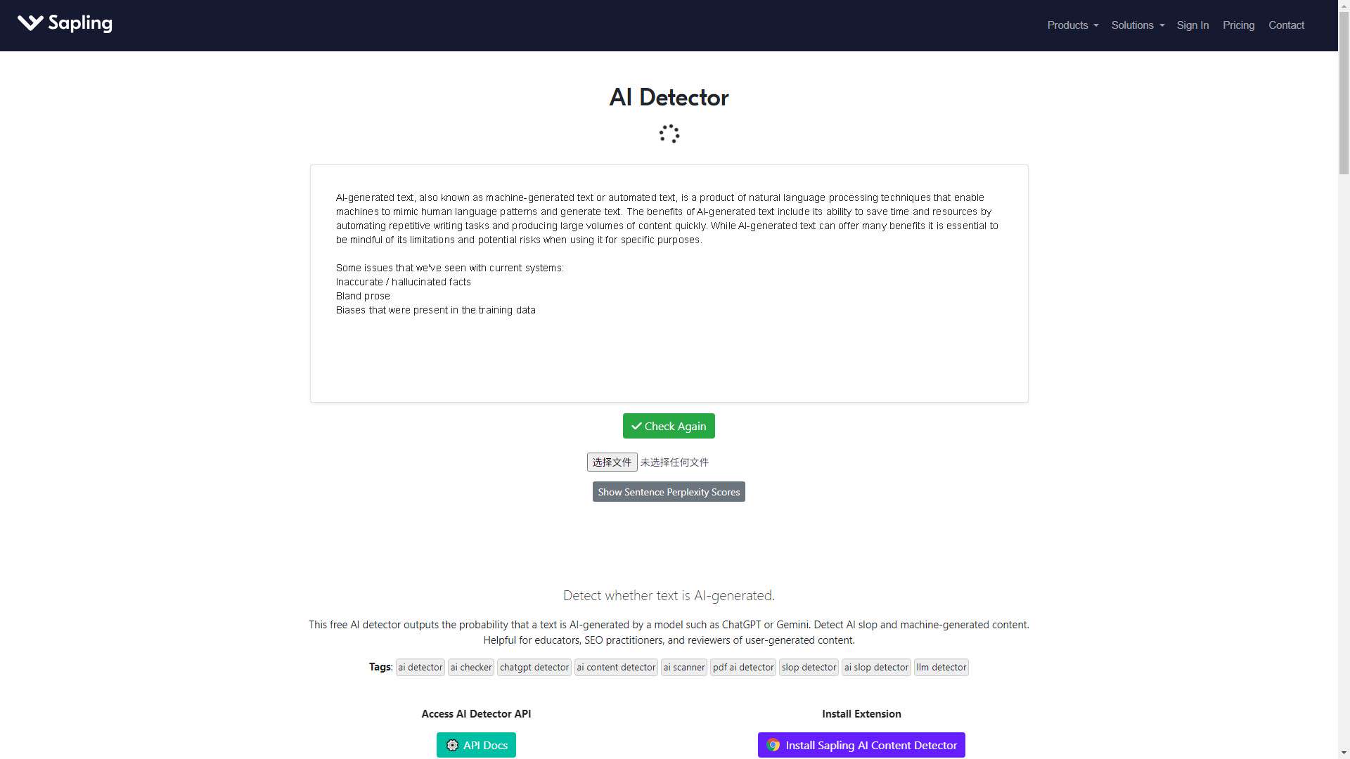Sapling AI Content Detector 界面预览